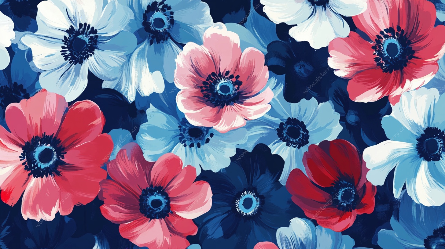 蓝底多彩花朵图案