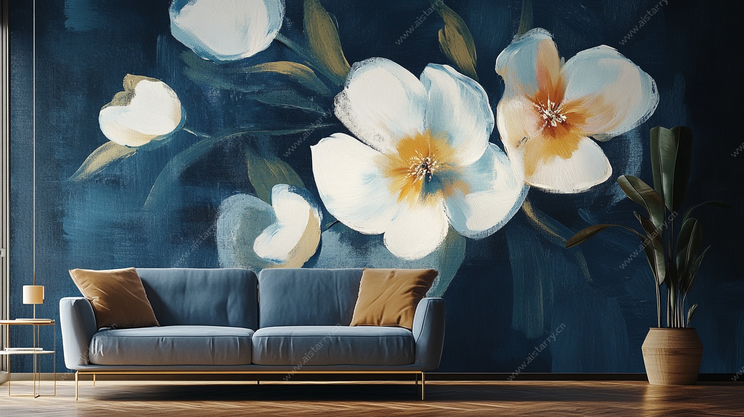 蓝调花卉沙发背景墙装饰画
