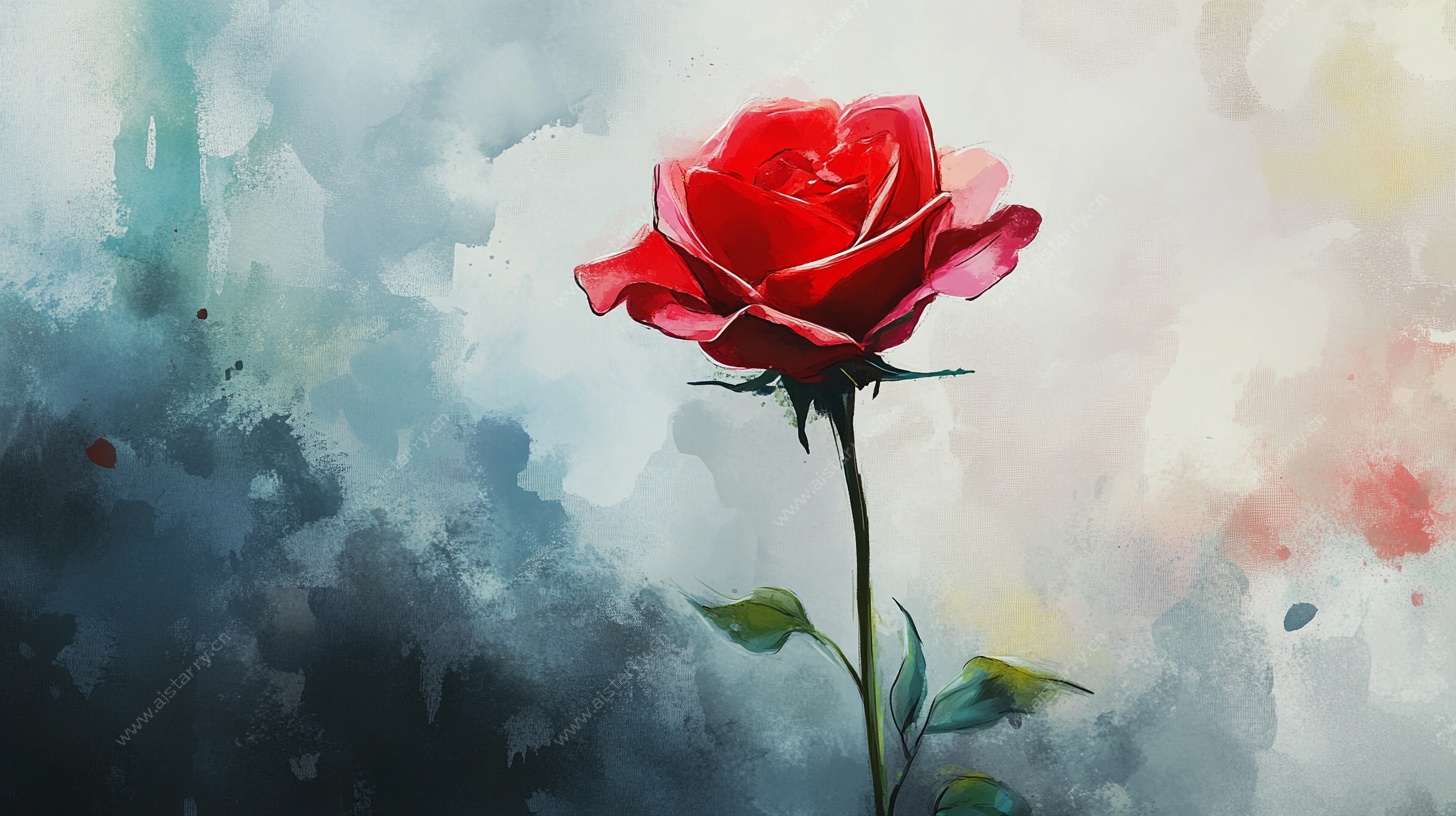 水彩红玫瑰的浪漫绽放