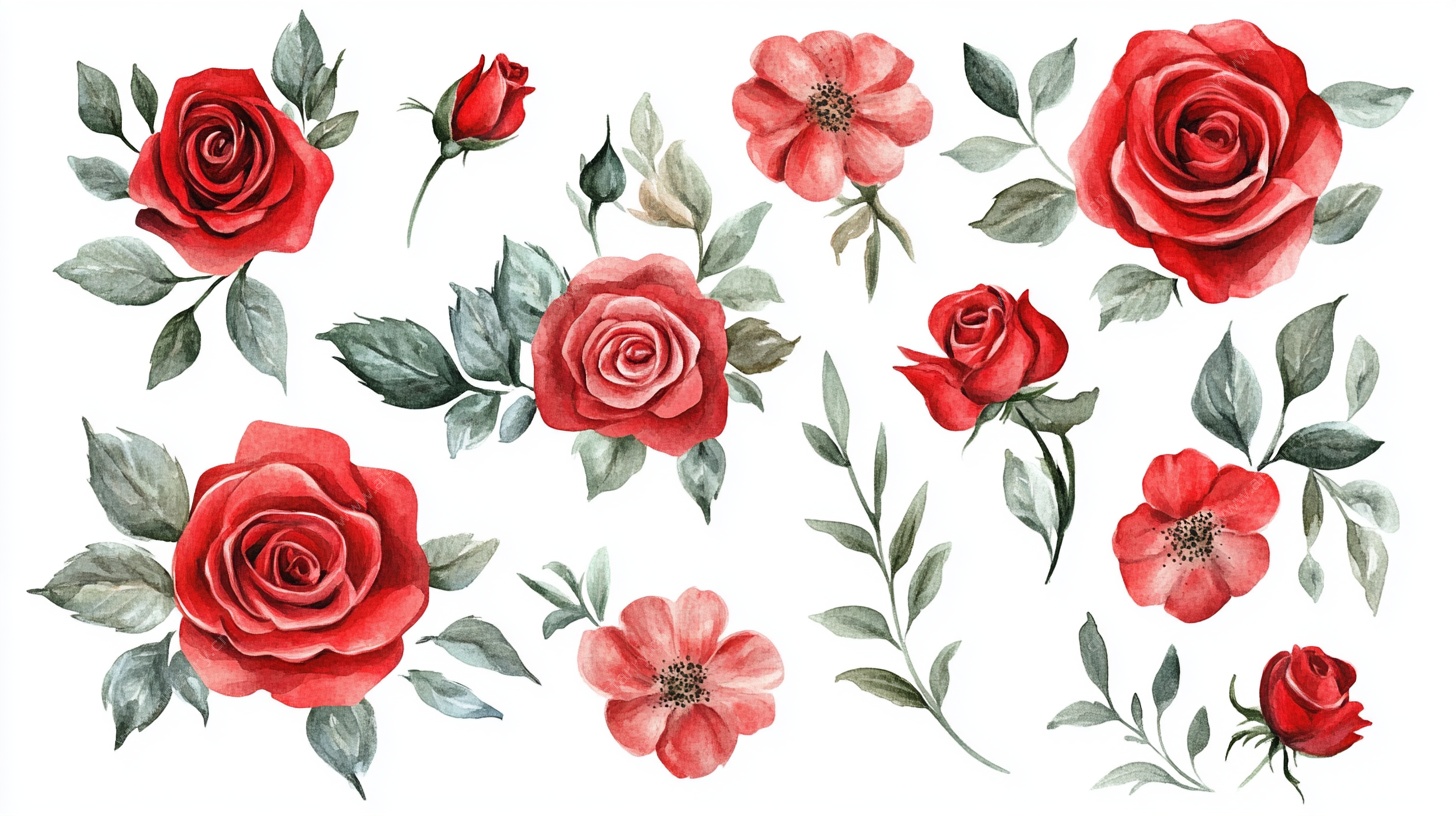 手绘红玫瑰花卉素材集