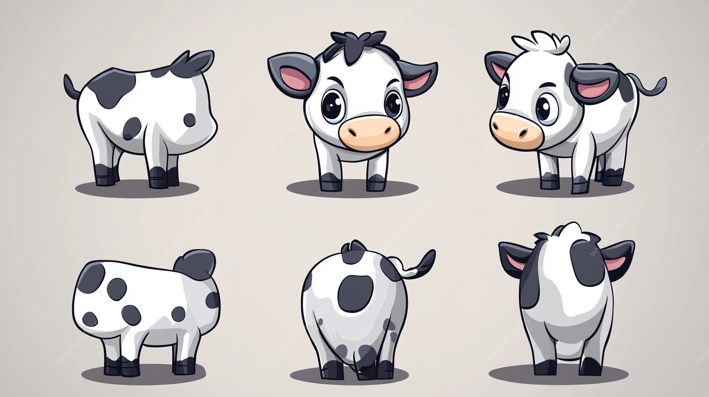 可爱奶牛多角度卡通形象