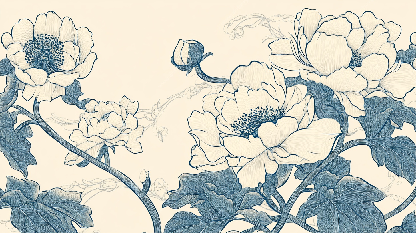 中式蓝白牡丹花卉图案