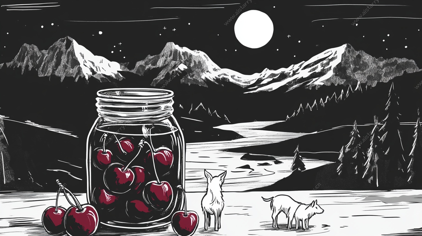 月夜下的罐中樱桃与动物