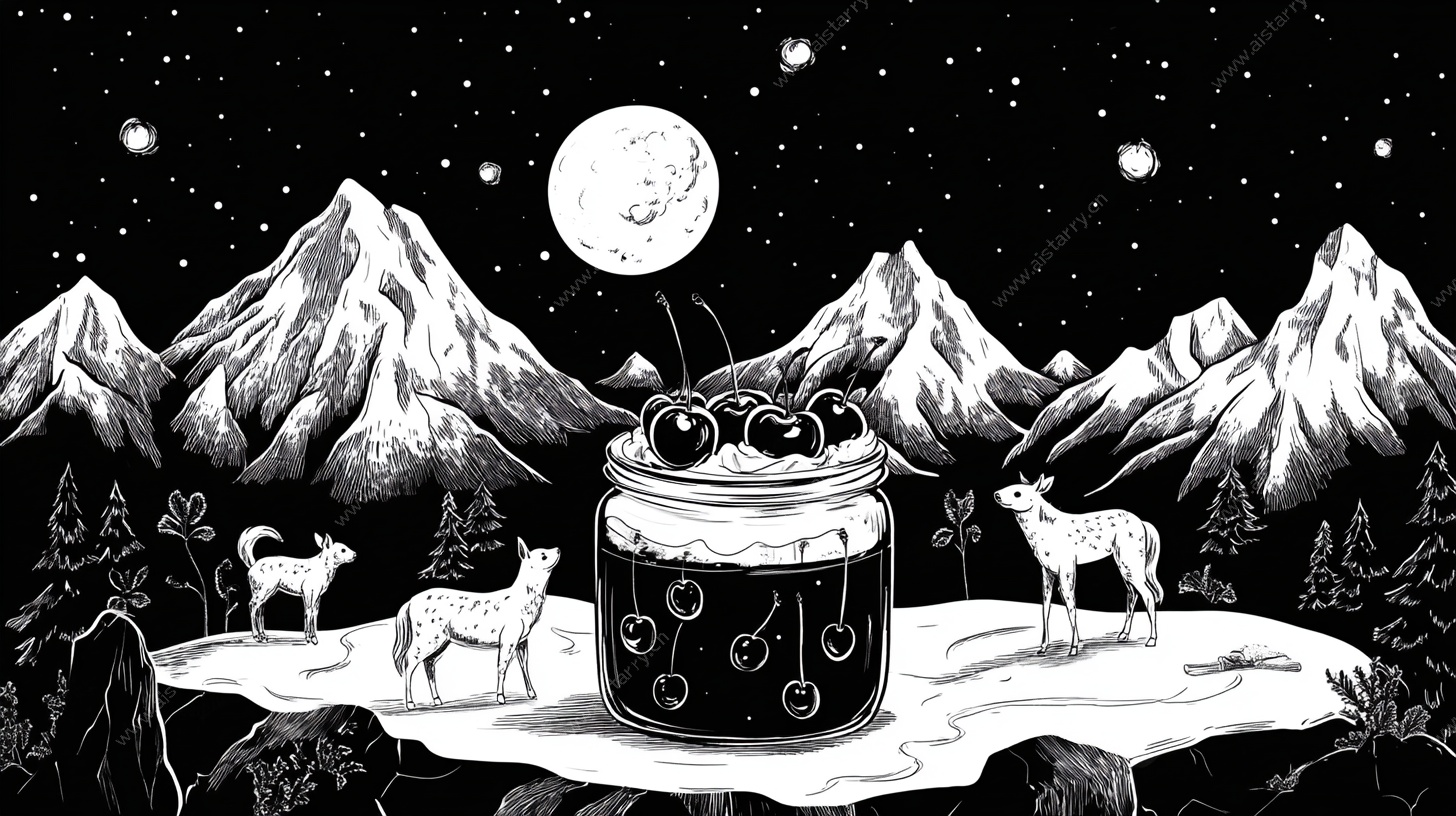 月夜山景中的奇幻罐子