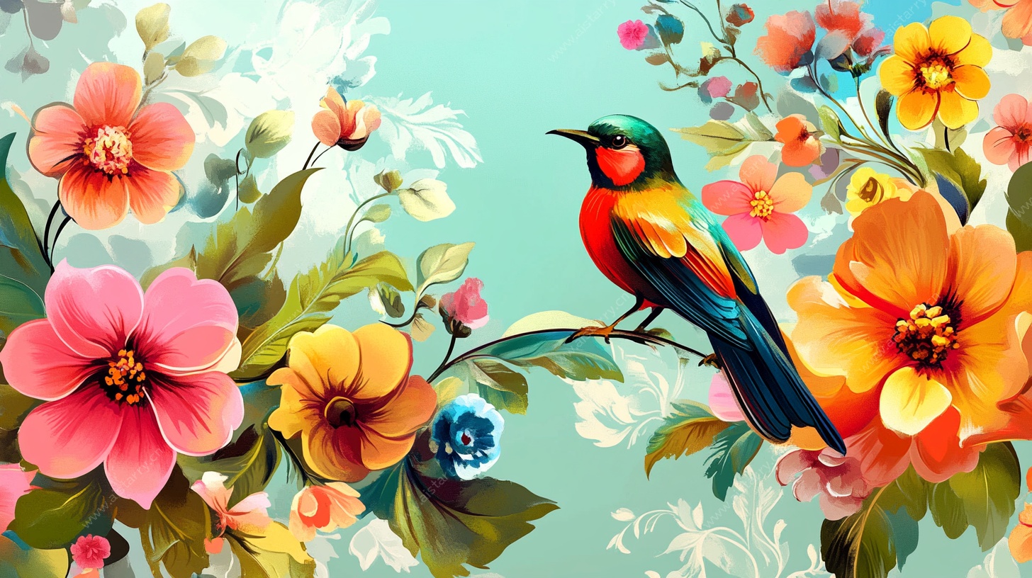 花鸟绘景 灵动鸟栖繁花间