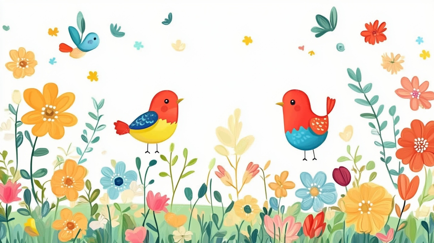 花丛中双鸟的缤纷插画