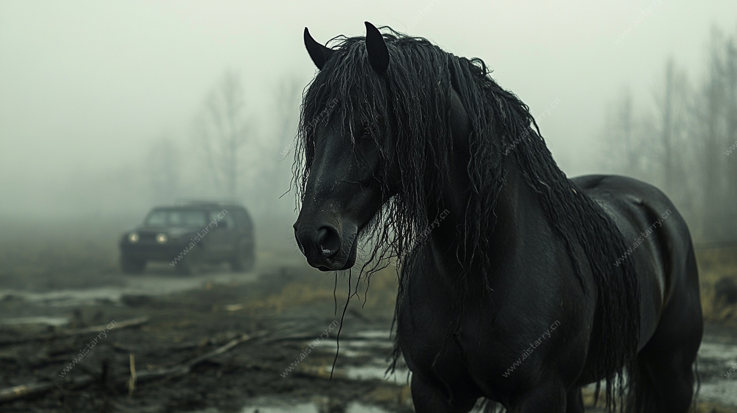 雾中黑马与远方车辆