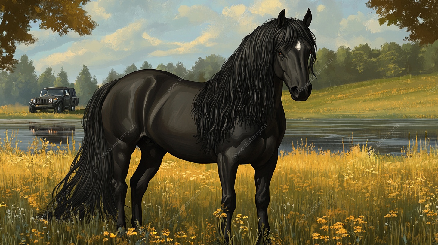 黑骏马立于繁花绿野间