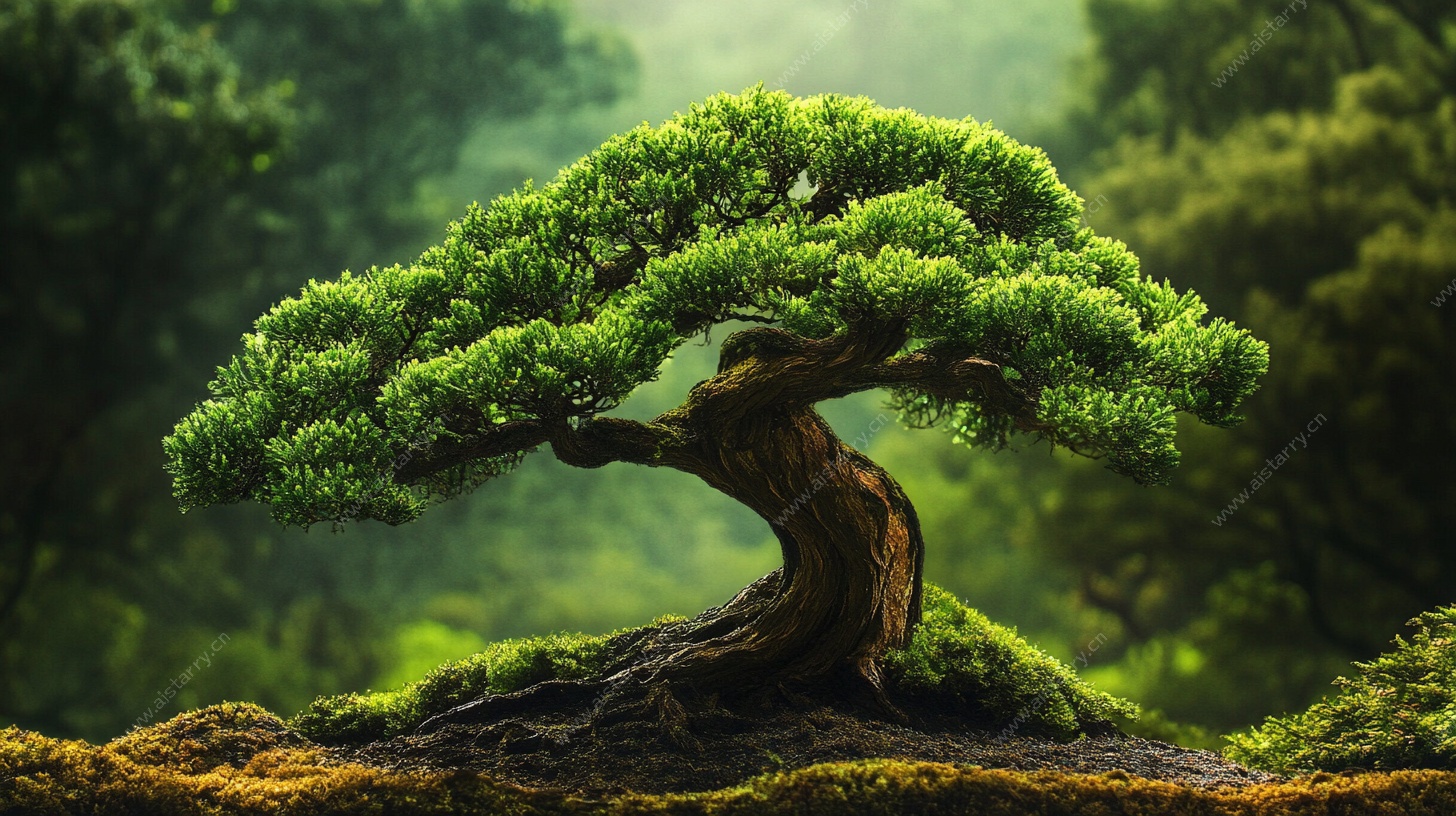 苍劲盆景于幽森林间挺立