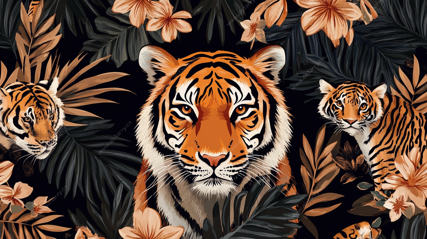 丛林虎影花卉插画