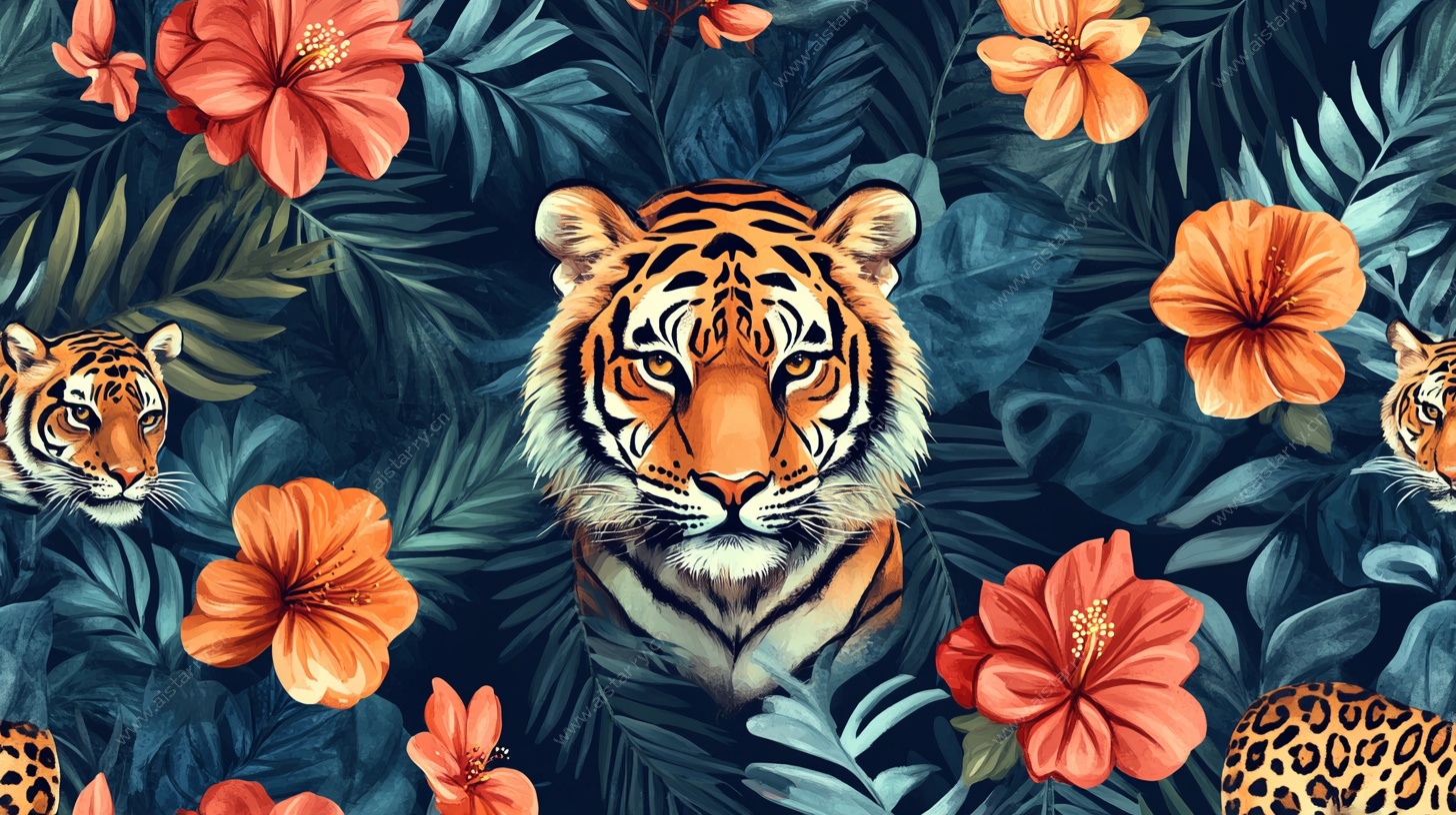 热带丛林中的虎与花卉图案