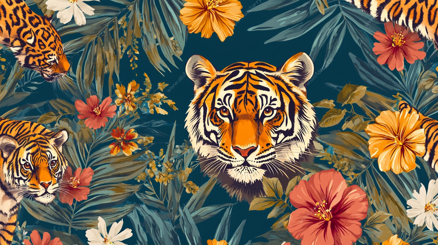 老虎花卉热带风插画