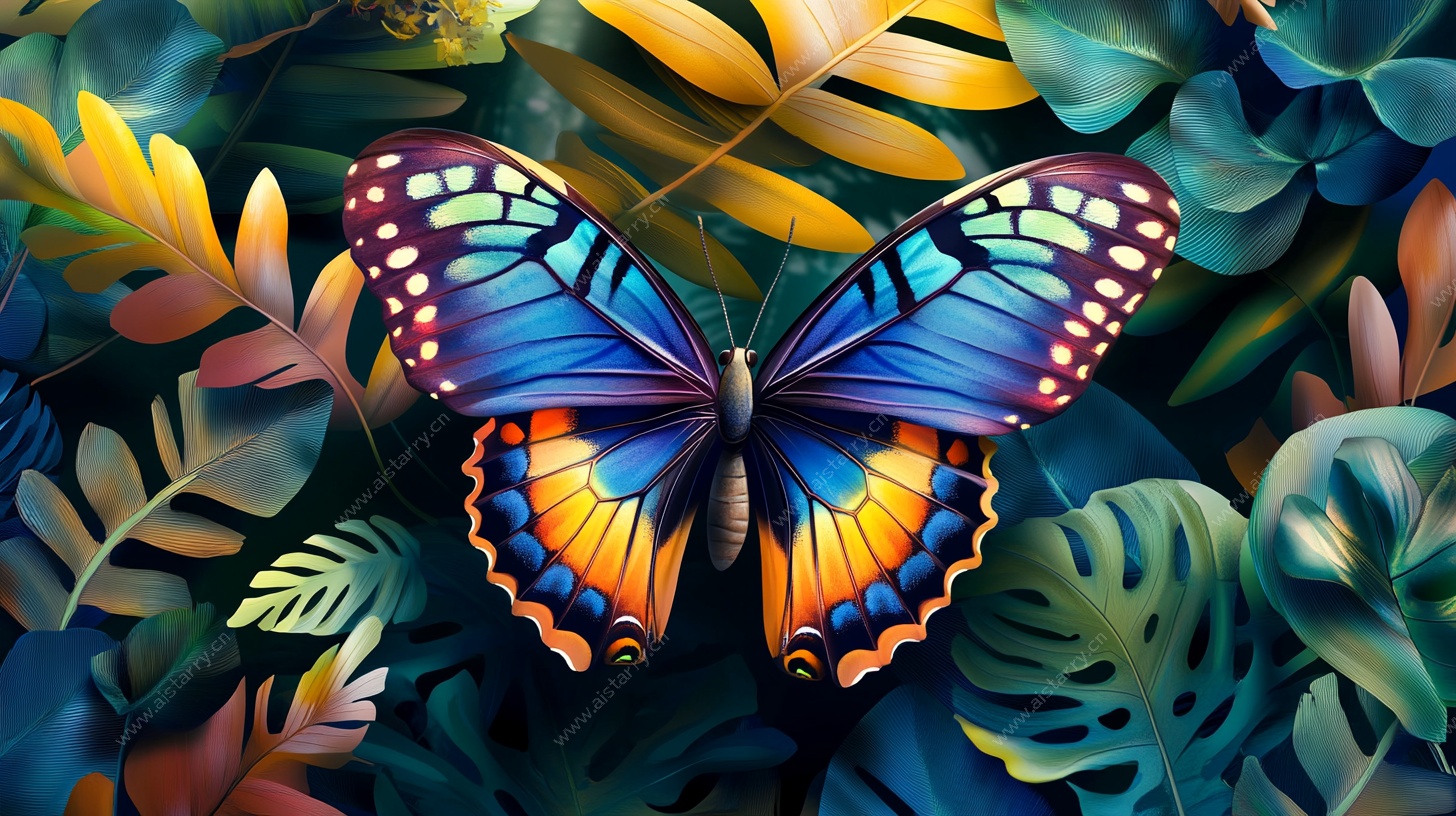 蓝蝶栖于繁茂热带植物间