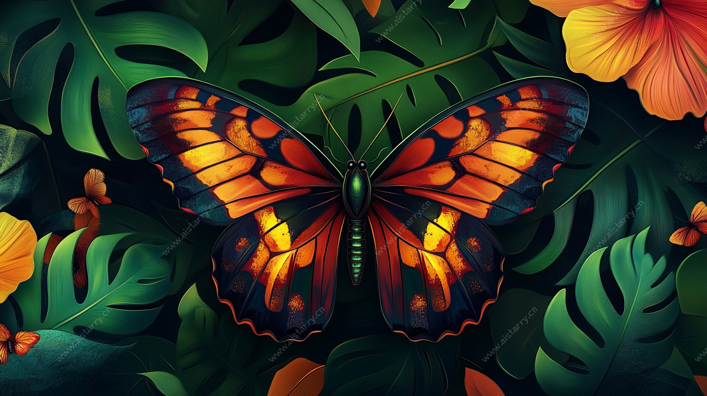 斑斓蝴蝶栖于热带植物间