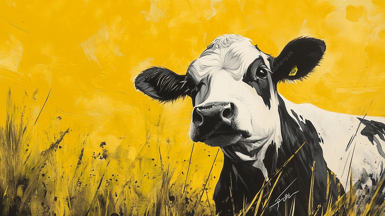 黄背景下的黑白奶牛肖像