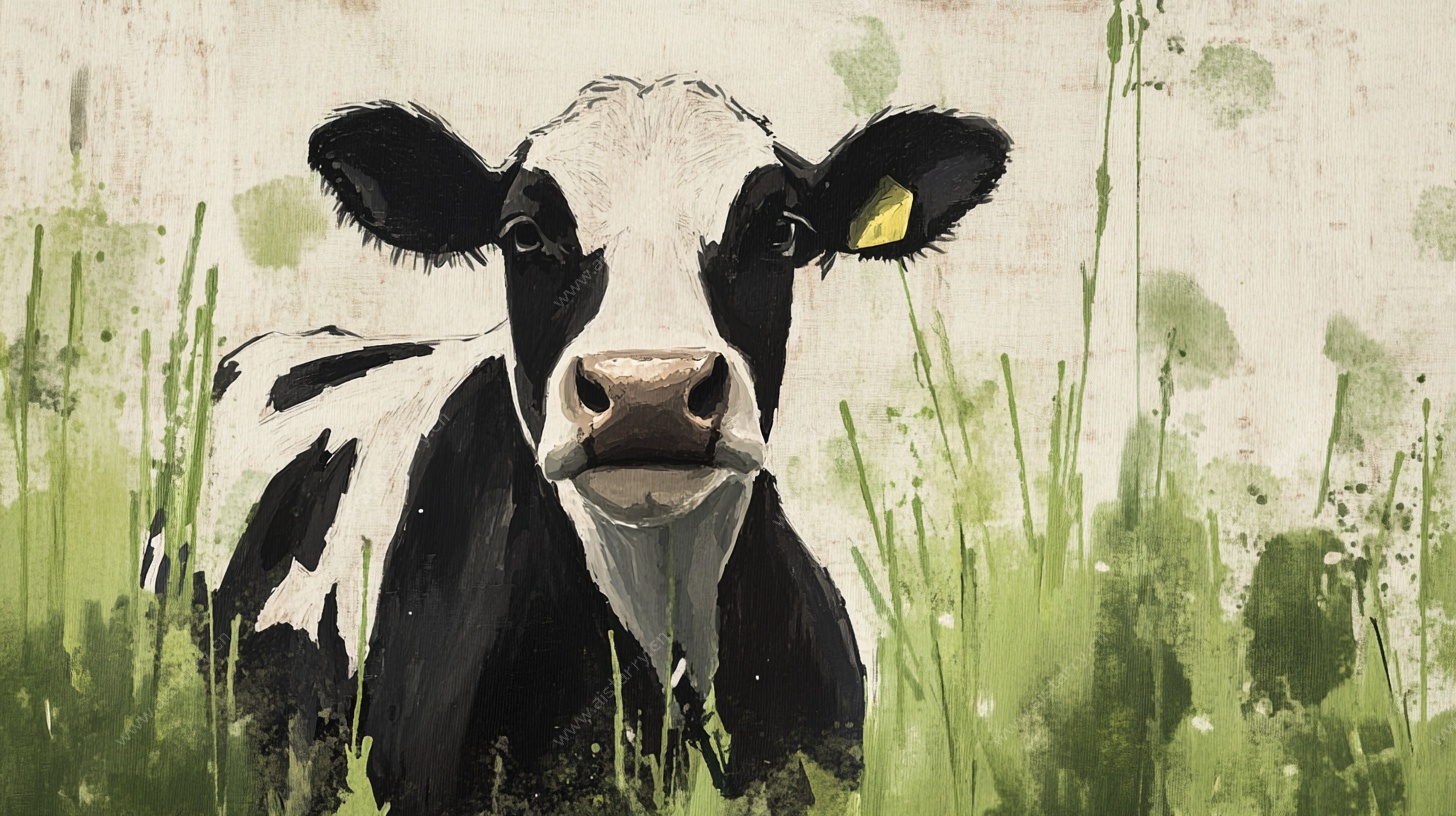 田园风黑白花奶牛绘画