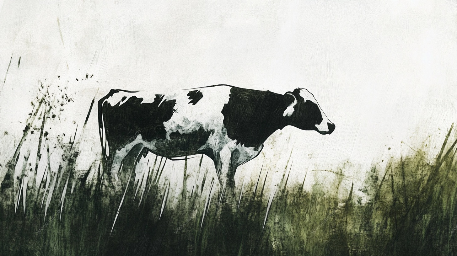 黑白水墨风草地中的奶牛
