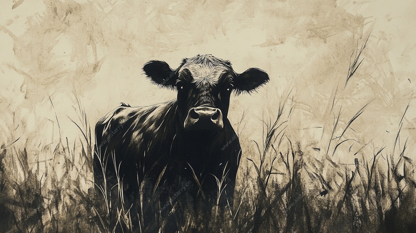 田野中的黑牛剪影