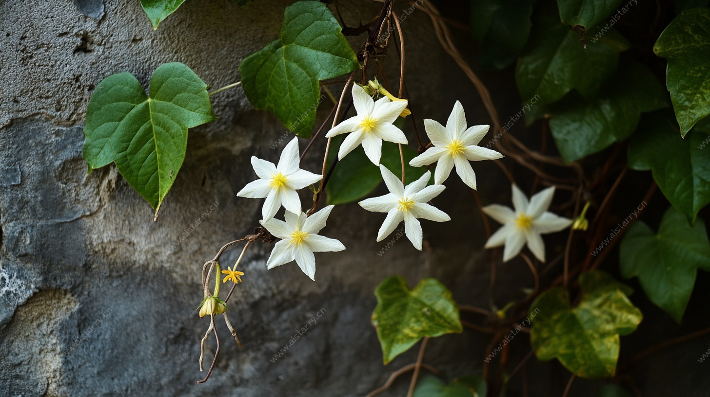 石墙旁的白色星状小花