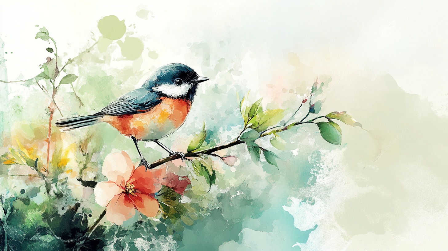 水彩枝头小鸟图