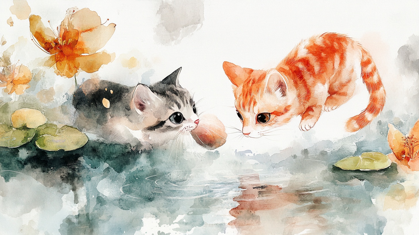 双猫戏鱼水彩画