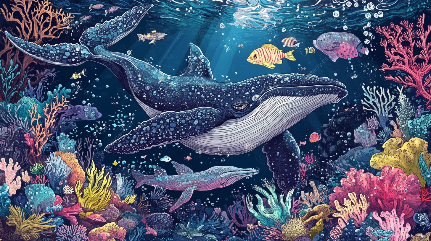 梦幻海底鲸鱼遨游图景