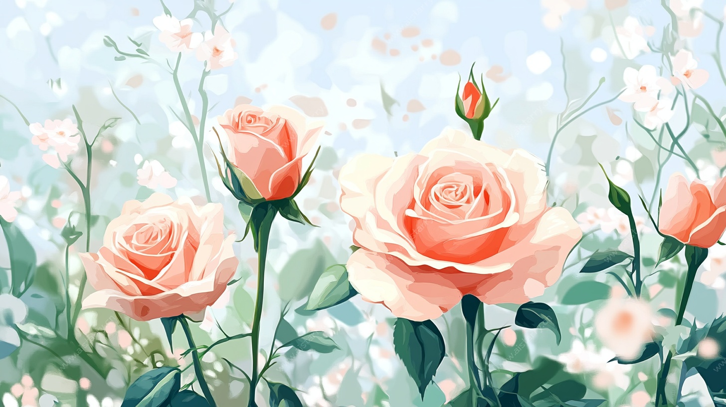 浪漫粉玫瑰花卉插画