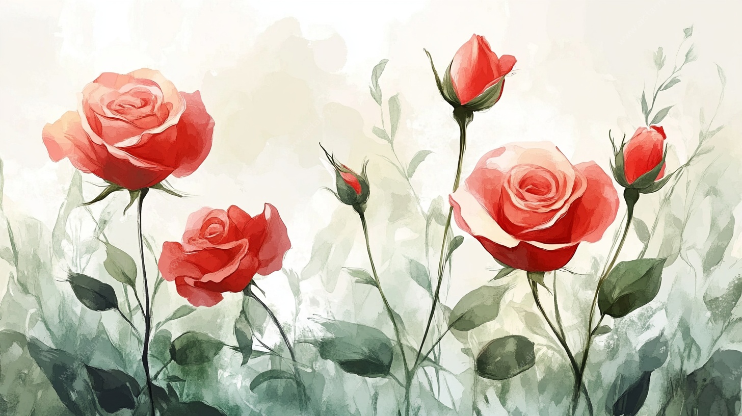 水彩红玫瑰花卉插画