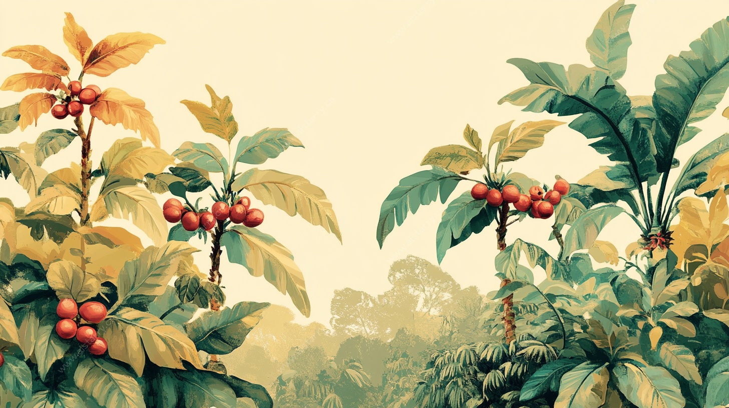 手绘咖啡树田园景致