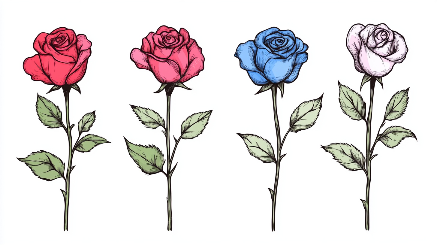 四色手绘玫瑰插画