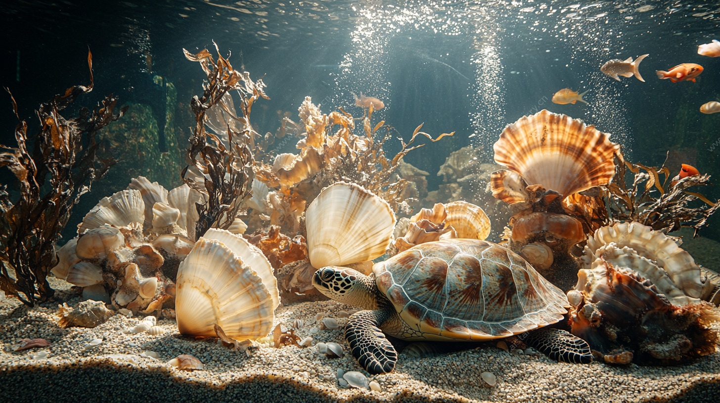 海底龟与贝壳的静谧世界