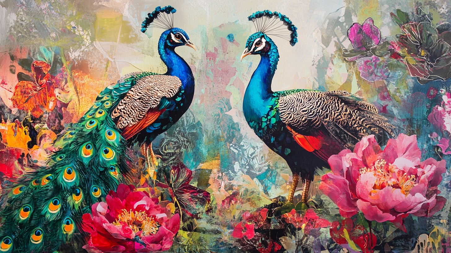 双孔雀栖于繁花间