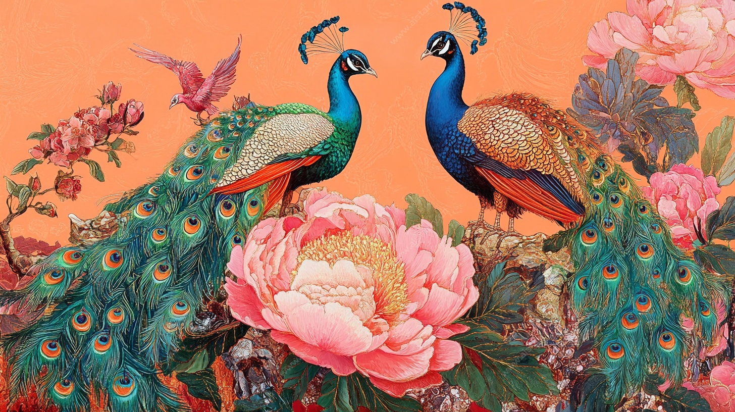 双孔雀牡丹花鸟图