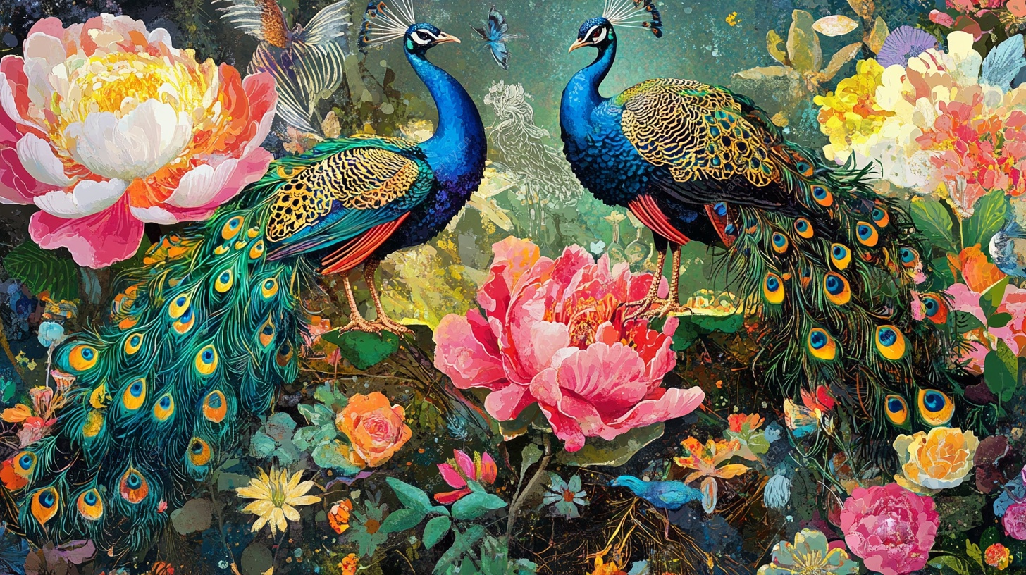 孔雀牡丹图 花鸟共舞盛景