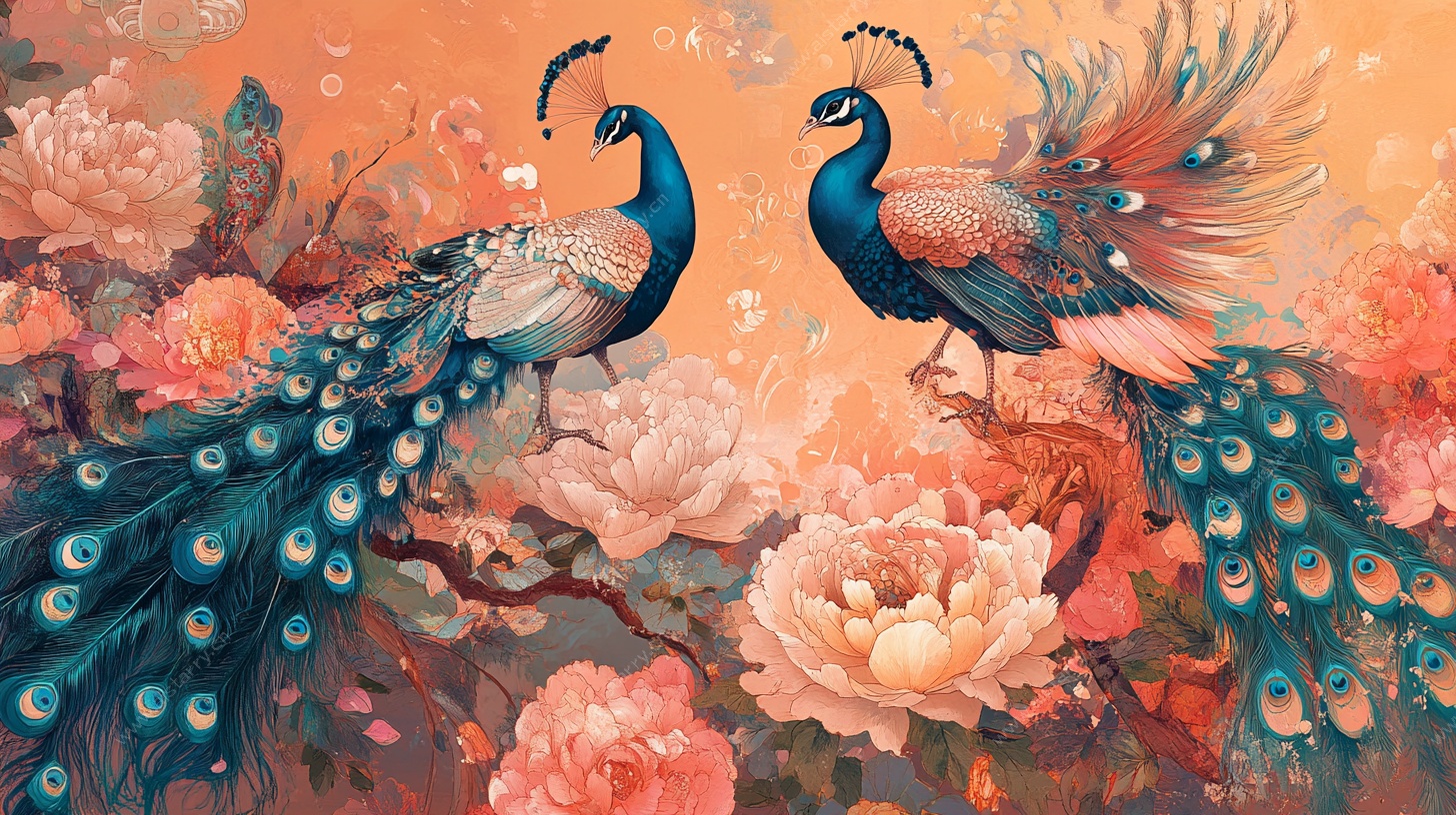 双孔雀栖于繁花间