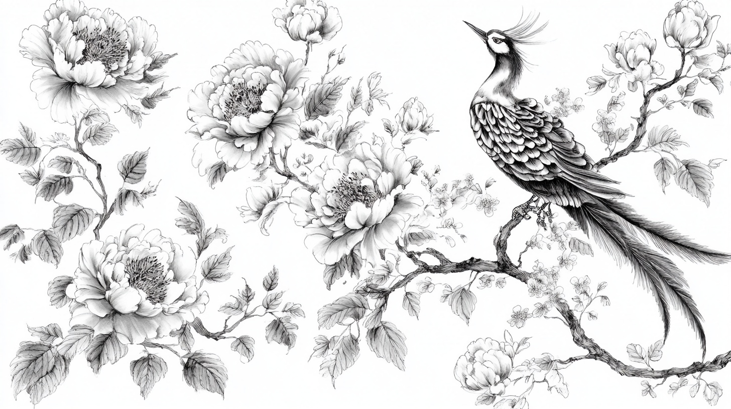 花鸟黑白绘