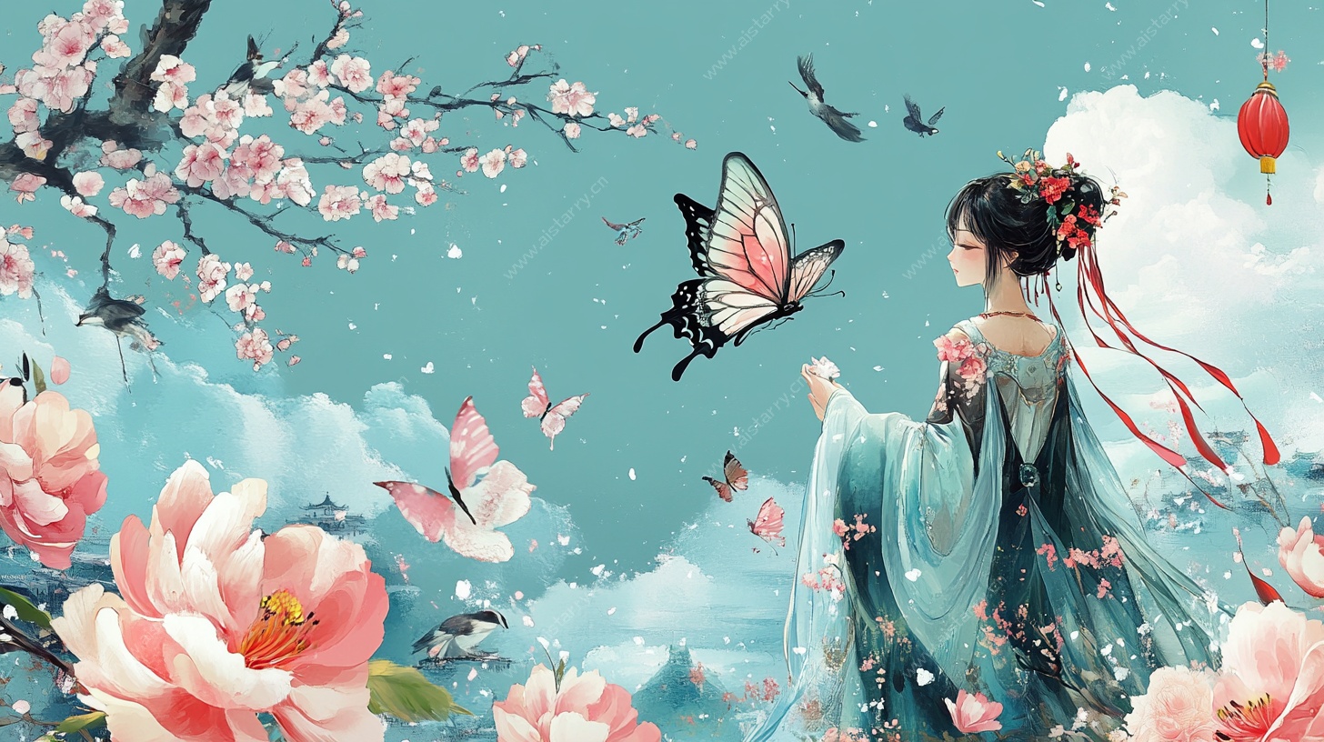 古风佳人赏花蝶飞舞图