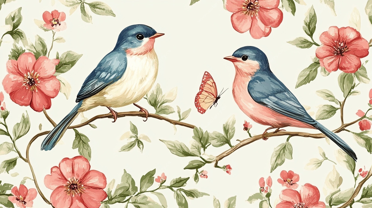 双鸟栖枝花卉图