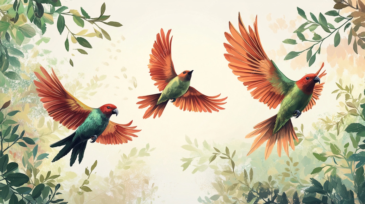 三只彩鸟于林间展翅飞翔
