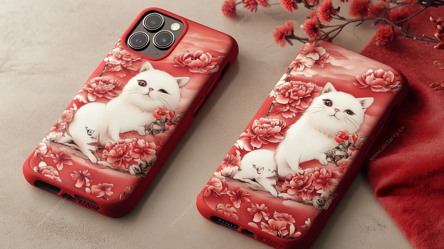 红底白猫花卉手机壳