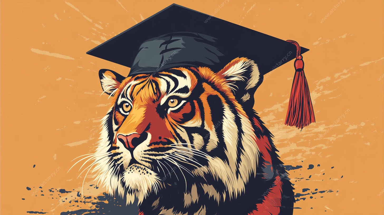 戴学士帽的老虎形象插画