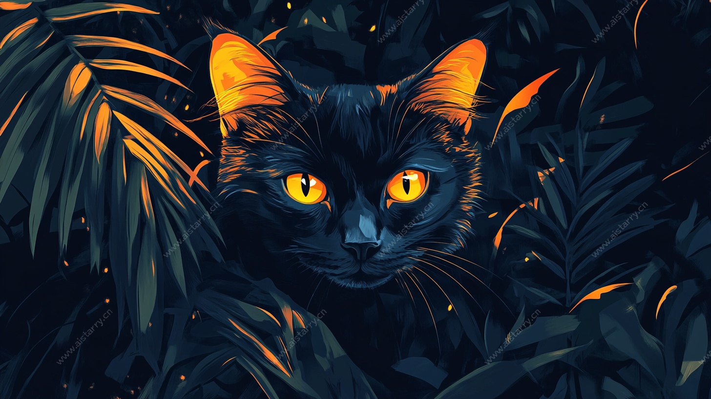 暗夜黑猫藏于绿植间