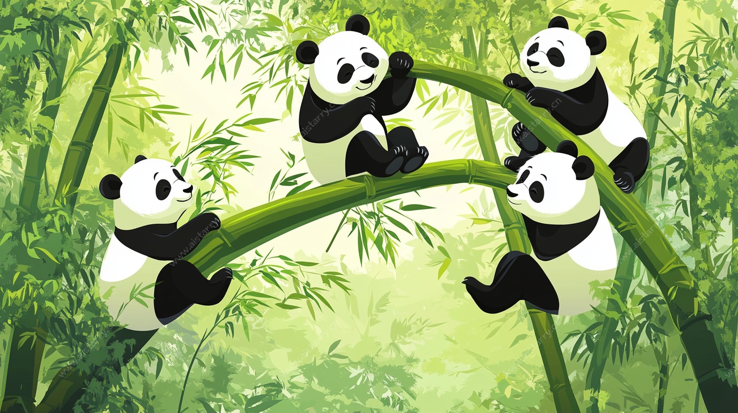竹林中的熊猫嬉戏图