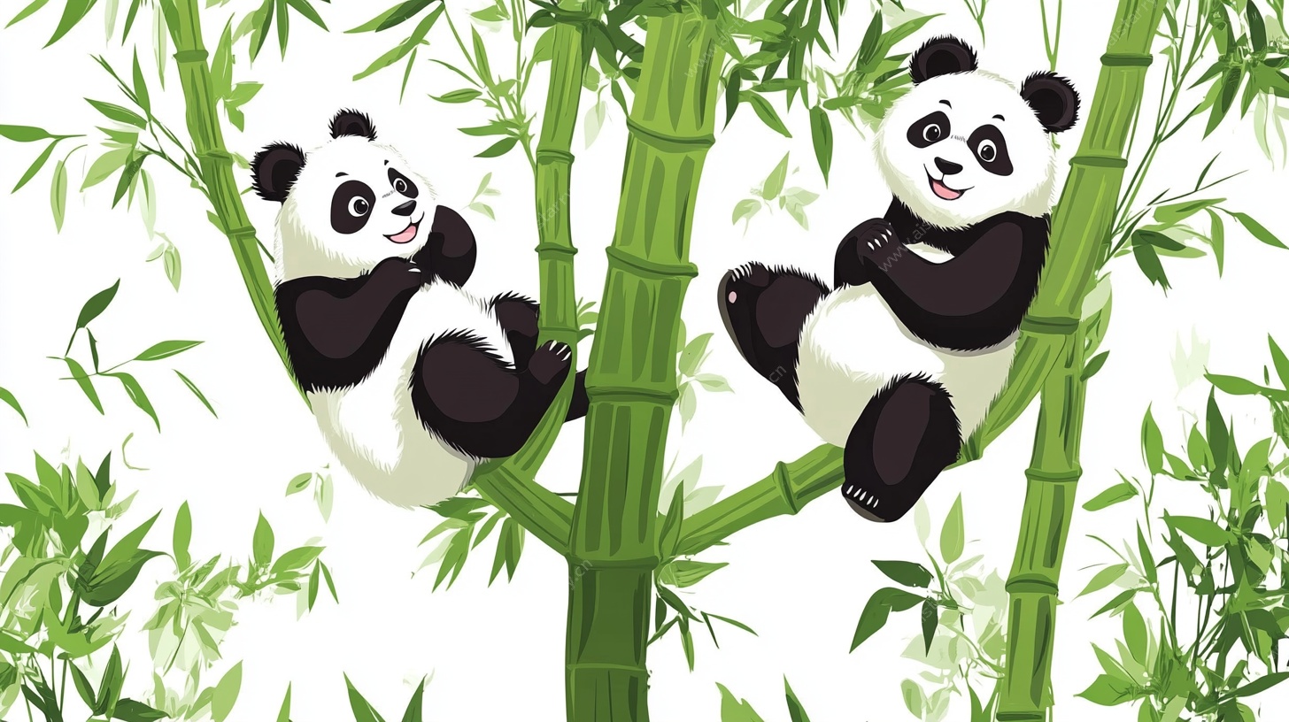 两只熊猫惬意栖于竹枝间