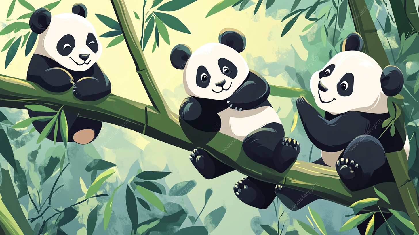 三只熊猫嬉戏于竹林间