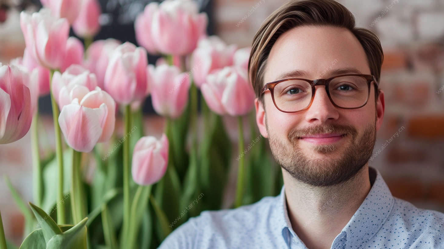 男子与粉色郁金香同框