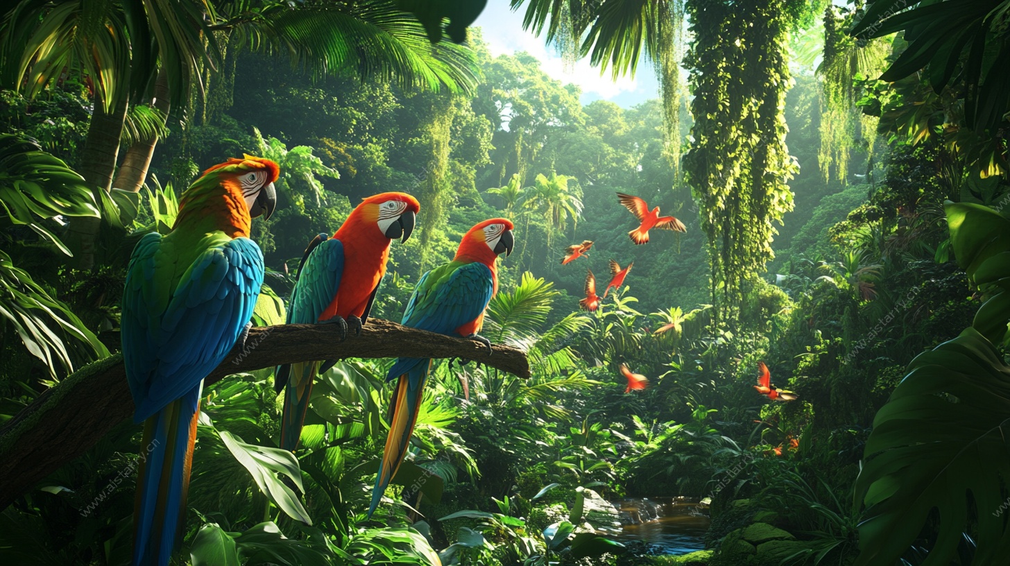 热带丛林中的多彩鹦鹉