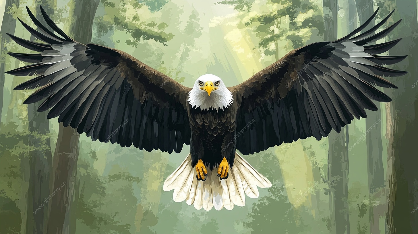 展翅雄鹰翱翔森林间