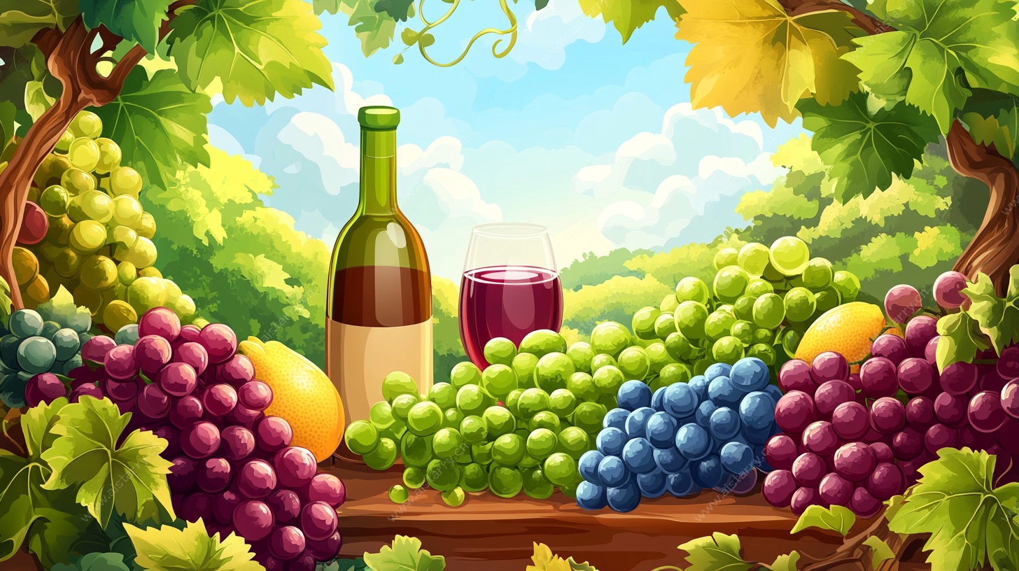 田园葡萄美酒插画场景