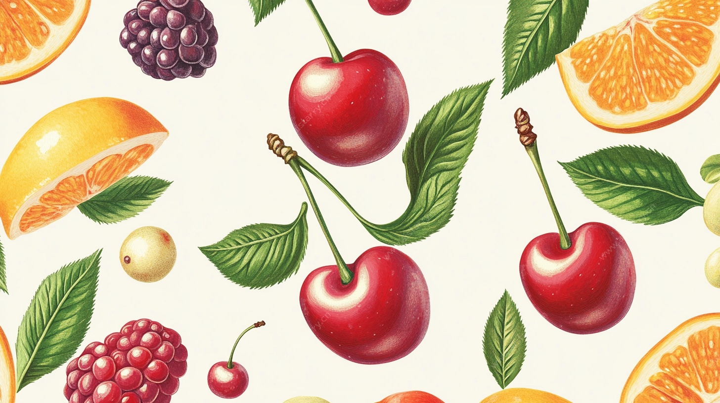 水果插画 缤纷鲜果与绿叶